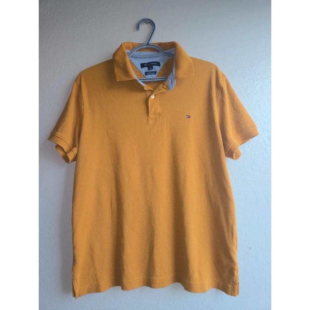 Tommy Hilfiger Polo Shirt Men Large Custom Fit Yellow Gold Short Sleeve Cotton